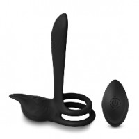 Couples Vibrator with Dual Penis Rings 10 Function Remote Control Silicone BLACK